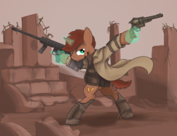 Size: 1280x986 | Tagged: safe, artist:buckweiser, oc, oc only, oc:caliber, pony, unicorn, fallout equestria, action pose, bipedal, clothes, commission, gun, hand, levitation, magic, magic hands, male, ruins, solo, telekinesis, wasteland, weapon