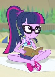 Size: 372x516 | Tagged: safe, sci-twi, twilight sparkle, equestria girls, equestria girls specials, g4, my little pony equestria girls: better together, my little pony equestria girls: forgotten friendship, book, clothes, cute, feet, female, flip-flops, geode of telekinesis, glasses, magical geodes, one-piece swimsuit, ponytail, sandals, sci-twi swimsuit, sitting, solo, swimsuit, twiabetes