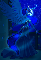 Size: 2565x3750 | Tagged: safe, artist:longinius, artist:stasyan1902, edit, princess luna, alicorn, anthro, g4, balcony, beautiful, clothes, colored, dress, evening gloves, feather, female, fingerless gloves, full moon, gloves, glowing, glowing horn, gown, headdress, high res, horn, horn jewelry, jewelry, lidded eyes, long gloves, looking at you, looking back, looking back at you, magic, mare, moon, necklace, night, pearl necklace, sky, solo, spread wings, tail wrap, tiara, wind, wing fluff, wings