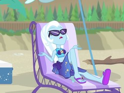 Size: 960x720 | Tagged: safe, screencap, trixie, equestria girls, equestria girls specials, g4, my little pony equestria girls: better together, my little pony equestria girls: forgotten friendship, beach chair, chair, clothes, feet, female, flip-flops, sandals, sarong, solo, swimsuit