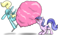 Size: 1650x1000 | Tagged: safe, artist:timsplosion, sassaflash, sea swirl, seafoam, pegasus, pony, unicorn, g4, background pony, commission, cotton candy, cute, eyes closed, female, flying, hoof hold, mare, puffy cheeks, simple background, tongue out, transparent background
