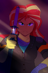 Size: 1311x1981 | Tagged: safe, artist:0ndshok, sunset shimmer, equestria girls, g4, badass, bandage, clothes, female, if looks could kill, katana, looking at you, samurai, serious, serious face, solo, sword, weapon