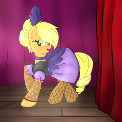 Size: 900x900 | Tagged: safe, artist:sadonax, applejack, earth pony, pony, g4, over a barrel, alternate hairstyle, applejack also dresses in style, clothes, clothes swap, dress, female, freckles, mare, open mouth, puffy sleeves, solo