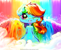 Size: 3000x2500 | Tagged: safe, artist:itsalwayspony, rainbow dash, pegasus, pony, semi-anthro, g4, belly button, female, high res, looking at you, mare, one eye closed, rainbow, rainbow waterfall, smiling, solo, waterfall, waterfall shower, wink
