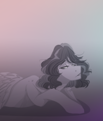 Size: 1950x2300 | Tagged: safe, artist:blueomlette, pegasus, pony, black and white, depressed, grayscale, lying down, monochrome, solo