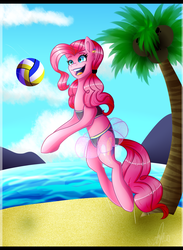 Size: 2255x3087 | Tagged: safe, artist:ri20, pinkie pie, earth pony, pony, g4, beach, bikini, clothes, female, high res, smiling, solo, sports, swimsuit, volleyball, water