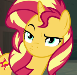 Size: 738x718 | Tagged: safe, screencap, sunset shimmer, pony, unicorn, equestria girls, equestria girls specials, g4, my little pony equestria girls: better together, my little pony equestria girls: forgotten friendship, cropped, female, mare, pouting, raised eyebrow, solo