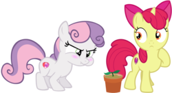 Size: 1156x625 | Tagged: safe, artist:dasprid, artist:estories, artist:s.guri, edit, editor:slayerbvc, vector edit, apple bloom, sweetie belle, earth pony, pony, unicorn, g4, blushing, duo, earth pony sweetie belle, female, filly, flower pot, foal, frustrated, puffy cheeks, race swap, raised hoof, simple background, sprout, transparent background, unicorn apple bloom, vector