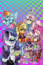Size: 3025x4541 | Tagged: safe, artist:andypriceart, angel bunny, applejack, fluttershy, pinkie pie, rainbow dash, rarity, spike, twilight sparkle, alicorn, dragon, earth pony, pegasus, pony, unicorn, spoiler:comic67, 80's fashion, 80s, abstract background, air guitar, alternate hairstyle, applejack's hat, bangles, belt, belt buckle, big hair, binder, book, boots, bracelet, clothes, cowboy boots, cowboy hat, cyndi lauper, denim jacket, dress, ear piercing, earring, eyes closed, eyeshadow, female, fishnets, flower, glasses, hair spray, hairspray, hat, headband, high res, jeans, jewelry, leg warmers, leotard, looking at you, makeup, male, mane six, mare, mohawk, necklace, pants, piercing, robe, ruffled shirt, safety pin, sequins, shampoo, shoulder pads, sunflower, sweatband, sweater, sweatpants, trapper keeper, turtleneck, twilight sparkle (alicorn), weights, wristband