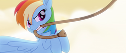 Size: 1920x804 | Tagged: safe, screencap, rainbow dash, pegasus, pony, g4, my little pony: the movie, angry, biting, female, mare, mouth hold, rope, solo