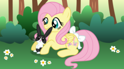 Size: 1427x800 | Tagged: safe, artist:cloudy glow, fluttershy, pegasus, pony, rabbit, g4, bow, cute, female, folded wings, grass, mare, prone, shyabetes, smiling, tail bow, tree