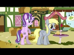 Size: 480x360 | Tagged: safe, artist:mrkupkake, derpy hooves, starlight glimmer, pegasus, pony, unicorn, g4, female, food, mare, muffin