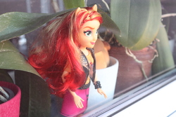 Size: 6000x4000 | Tagged: safe, artist:artofmagicpoland, sunset shimmer, equestria girls, g4, doll, emotional, irl, looking out the window, photo, photography, plants, pony ears, sunset, toy