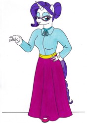 Size: 2466x3493 | Tagged: safe, artist:killerteddybear94, rarity, unicorn, anthro, g4, school daze, clothes, dress, glasses, hair bun, hand on hip, high res, long skirt, looking at you, schoolmarm rarity, shirt, skirt, smiling, solo, tail, teacher, traditional art