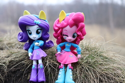 Size: 6000x4000 | Tagged: safe, artist:artofmagicpoland, pinkie pie, rarity, equestria girls, g4, clothes, doll, equestria girls minis, female, irl, lesbian, one eye closed, photo, ship:raripie, shipping, toy, wink