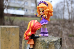 Size: 6000x4000 | Tagged: safe, artist:artofmagicpoland, adagio dazzle, sunset shimmer, equestria girls, g4, doll, equestria girls minis, female, irl, photo, pushing, toy