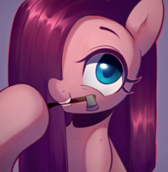 Size: 2441x2500 | Tagged: safe, artist:maren, pinkie pie, earth pony, pony, g4, axe, bust, color outline, female, hair over one eye, high res, mare, mouth hold, pinkamena diane pie, purple background, simple background, smiling, weapon