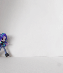 Size: 485x564 | Tagged: safe, artist:whatthehell!?, flash sentry, starlight glimmer, sunset shimmer, equestria girls, g4, angry, animated, boots, chase, clothes, doll, dress, equestria girls minis, eqventures of the minis, female, giantess, irl, jacket, knife, macro, pants, photo, running, scared, shoes, stop motion, sunset sushi, toy, tuxedo