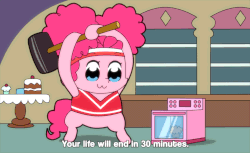 Size: 1224x750 | Tagged: safe, artist:omegaozone, pinkie pie, ponies the anthology vii, g4, :3, animated, cute, female, food, gif, hammer, muffin, oven, pop team epic