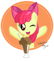 Size: 1024x1160 | Tagged: safe, artist:danmakuman, part of a set, apple bloom, earth pony, pony, g4, bow, female, filly, food, hair bow, ice cream, looking at you, one eye closed, simple background, solo, transparent background