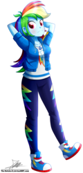 Size: 1004x2096 | Tagged: safe, artist:the-butch-x, part of a set, rainbow dash, equestria girls, equestria girls series, g4, arm behind head, clothes, converse, female, geode of super speed, leggings, looking at you, magical geodes, shirt, shoes, simple background, sneakers, solo, sweater, teenager, tomboy