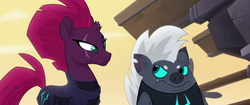 Size: 1920x804 | Tagged: safe, screencap, grubber, tempest shadow, hedgehog, pony, unicorn, g4, my little pony: the movie, armor, broken horn, colored sclera, doubt, duo, eye scar, horn, looking at each other, raised eyebrow, scar, suspicious
