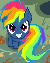 Size: 1332x1655 | Tagged: safe, artist:badumsquish, derpibooru exclusive, part of a set, rainbow dash, pegasus, pony, g4, secrets and pies, >:d, adorapiehater, badumsquish's kitties, cute, dashabetes, evil, evil pie hater dash, evil smile, female, food, frown, grin, looking at you, looking up, looking up at you, mess, pie, pure unfiltered evil, sharp teeth, show accurate, sitting, smiling, solo, splatter, teeth