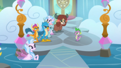 Size: 1920x1080 | Tagged: safe, screencap, gallus, ocellus, silverstream, smolder, spike, yona, changedling, changeling, dragon, griffon, seapony (g4), yak, g4, school daze, season 8, animation error, clone, cloven hooves, female, jewelry, male, monkey swings, multeity, necklace, no sandbar, paradox, saved by my friends, school of friendship, seapony silverstream, self paradox, silverstorm