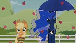 Size: 1920x1080 | Tagged: safe, artist:agrol, applejack, princess luna, alicorn, earth pony, pony, g4, apple, dream, duo, food, that pony sure does love apples, umbrella, youtube link