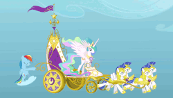 Size: 1920x1080 | Tagged: safe, princess celestia, rainbow dash, alicorn, pegasus, pony, g4, official, season 8, animated, chariot, cloud, female, flying, male, mare, pegasus royal guard, royal guard, saved by my friends, spread wings, stallion, surfing, wings, youtube link