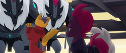 Size: 1920x804 | Tagged: safe, screencap, capper dapperpaws, grubber, tempest shadow, abyssinian, hedgehog, pony, unicorn, anthro, g4, my little pony: the movie, anthro with ponies, armor, broken horn, clothes, coat, horn, scared, storm guard, surprised, tempest shadow's bodyguard