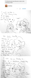 Size: 1764x4315 | Tagged: safe, artist:tjpones, oc, oc only, oc:brownie bun, oc:richard, earth pony, human, pony, horse wife, ask, chest fluff, clothes, comic, dialogue, double standard, eyes closed, female, human male, hypocrisy, lineart, male, mare, pun, raised hoof, shirt, t-shirt, traditional art, tumblr