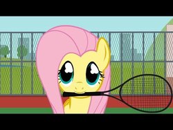 Size: 480x360 | Tagged: safe, artist:agrol, fluttershy, everypony plays sports games, g4, cute, epic fail, fail, funny, mouth hold, shyabetes, tennis racket