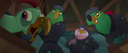 Size: 1920x804 | Tagged: safe, screencap, boyle, lix spittle, mullet (g4), squabble, parrot pirates, anthro, g4, my little pony: the movie, derp, eyepatch, fork, hat, pirate, prosthetic beak, tongue out