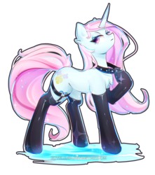 Size: 1980x2240 | Tagged: safe, artist:koveliana, fleur-de-lis, pony, unicorn, g4, chest fluff, clothes, collar, female, garter belt, latex, latex socks, looking back, mare, simple background, socks, solo, transparent background