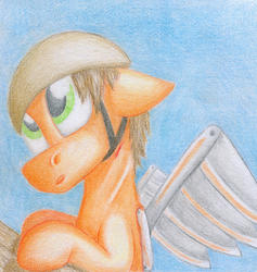 Size: 1600x1690 | Tagged: safe, artist:geljado, oc, oc only, pony, colored pencil drawing, helmet, male, prosthetic wing, shading, simple background, solo, traditional art