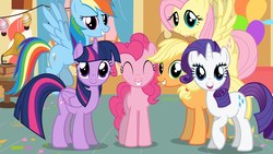 Size: 1920x1080 | Tagged: safe, artist:agrol, applejack, fluttershy, pinkie pie, rainbow dash, rarity, twilight sparkle, alicorn, earth pony, pegasus, pony, unicorn, g4, ^^, balloon, eyes closed, female, flying, gramophone, mane six, mare, spread wings, twilight sparkle (alicorn), wings