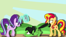 Size: 1211x677 | Tagged: safe, artist:chelseawest, starlight glimmer, sunset shimmer, oc, oc:painted petal, pegasus, pony, unicorn, g4, female, magic, mare, tail, tail pull