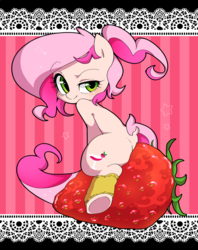 Size: 949x1200 | Tagged: safe, artist:potetecyu_to, oc, oc only, oc:cheers, earth pony, pony, female, food, looking at you, looking back, mare, riding, smiling, solo, strawberry