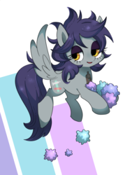 Size: 907x1200 | Tagged: safe, artist:potetecyu_to, oc, oc only, pegasus, pony, candy, cute, female, flying, food, hoof hold, mare, smiling, solo