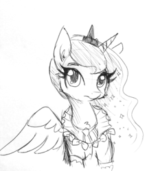Size: 1440x1547 | Tagged: safe, artist:tjpones, princess luna, alicorn, pony, g4, chest fluff, clothes, dress, ear fluff, female, grayscale, looking at you, mare, monochrome, simple background, solo, traditional art, white background