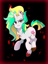 Size: 907x1200 | Tagged: safe, artist:potetecyu_to, oc, oc only, pony, unicorn, accessory, angry, ear piercing, earring, female, jewelry, mare, necklace, piercing, short tail, solo