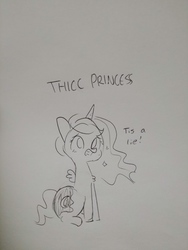 Size: 4160x3120 | Tagged: safe, artist:tjpones, princess luna, alicorn, pony, g4, blushing, denial, female, grayscale, large butt, lineart, mare, monochrome, moonbutt, simple background, sitting, small wings, solo, text, thick, traditional art