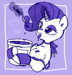Size: 839x876 | Tagged: safe, artist:potetecyu_to, rarity, unicorn, semi-anthro, g4, arm hooves, breasts, busty rarity, eating, female, food, ice cream, mare, monochrome, solo, spoon