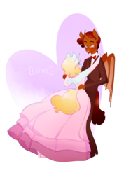 Size: 1000x1500 | Tagged: safe, artist:ruhiana, oc, oc only, oc:blazing ending, oc:strawberry ice, anthro, bowtie, clothes, dancing, dress, duo, female, heart, heart background, male, simple background, straight, strawzing, suit, transparent background