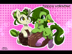 Size: 1200x907 | Tagged: safe, artist:potetecyu_to, oc, oc:saboco, cactus pony, earth pony, pony, cactus, candy, clothes, duo, female, food, mare, smiling, socks, striped socks, sweets
