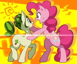 Size: 1080x900 | Tagged: safe, artist:potetecyu_to, pinkie pie, oc, oc:saboco, cactus pony, earth pony, pony, g4, cute, duo, female, mare, smiling