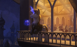 Size: 1200x738 | Tagged: safe, artist:rodrigues404, oc, oc only, oc:midnight emissary, pony, unicorn, alcohol, animated, canterlot, cinemagraph, clothes, glass, magic, male, night, no sound, outdoors, solo focus, stallion, suit, telekinesis, unshorn fetlocks, webm, wine, wine glass