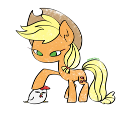 Size: 1080x1140 | Tagged: safe, artist:potetecyu_to, applejack, chicken, earth pony, pony, g4, chibi, cowboy hat, female, hat, mare, simple background, solo, white background
