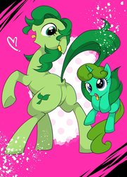 Size: 864x1200 | Tagged: safe, artist:potetecyu_to, oc, earth pony, pony, unicorn, cute, duo, featureless crotch, female, filly, mare, tail hold